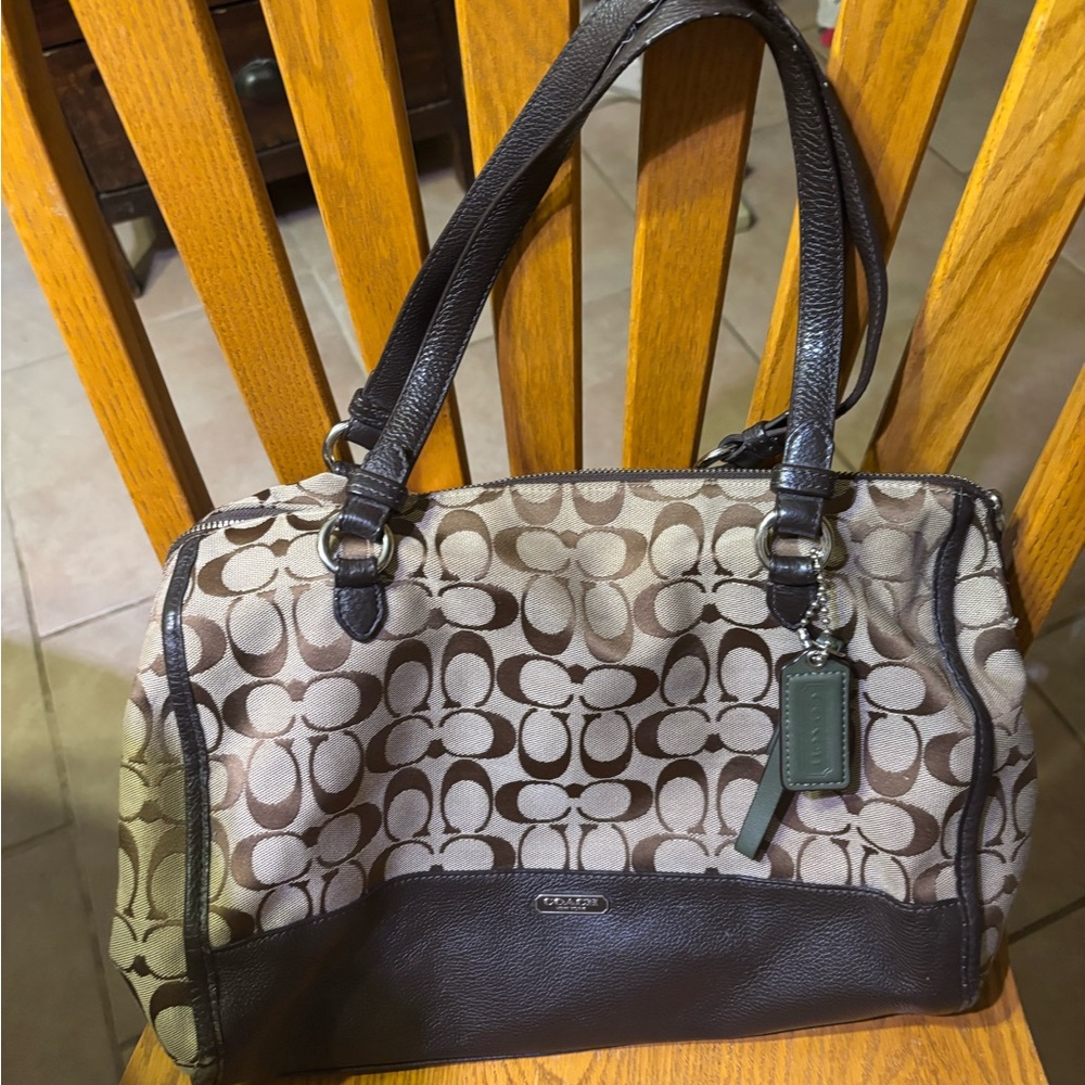 Coach Brown and Tan Signature Shoulder Bag